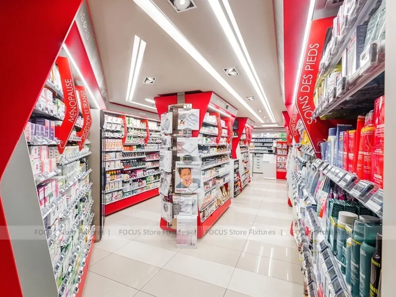 Red Accent Pharmacy Gondola and Wall Shelving Layout