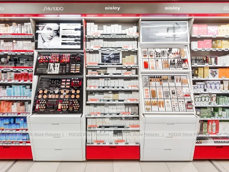 Red Accent Pharmacy Gondola and Wall Shelving Layout