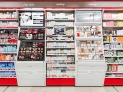 Red Accent Pharmacy Gondola and Wall Shelving Layout