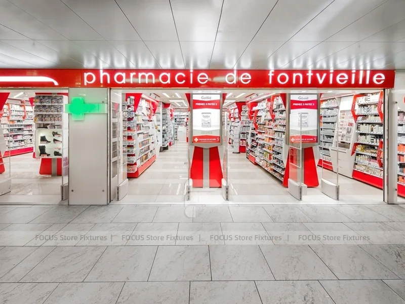Red Accent Pharmacy Gondola and Wall Shelving Layout