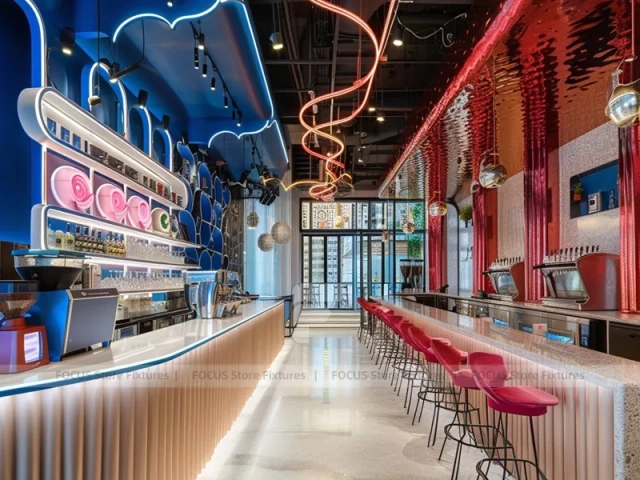 Red Blue Beverage Bar Seating Layout
