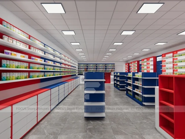 Red Blue Pharmacy Counter and Gondola Shelving Layout