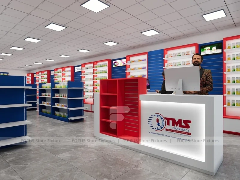 Red Blue Pharmacy Counter and Gondola Shelving Layout