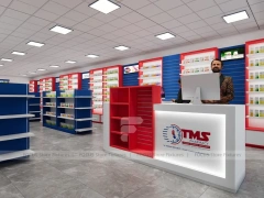 Red Blue Pharmacy Counter and Gondola Shelving Layout
