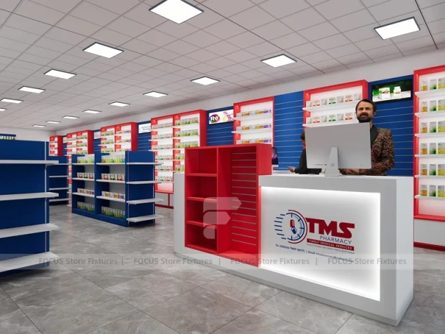 Red Blue Pharmacy Counter and Gondola Shelving Layout
