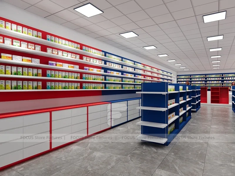 Red Blue Pharmacy Counter and Gondola Shelving Layout