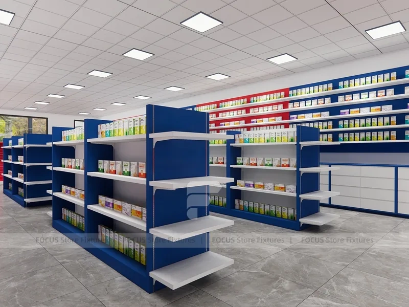 Red Blue Pharmacy Counter and Gondola Shelving Layout