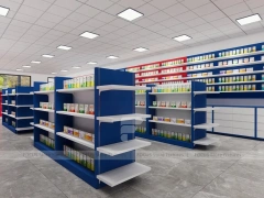 Red Blue Pharmacy Counter and Gondola Shelving Layout