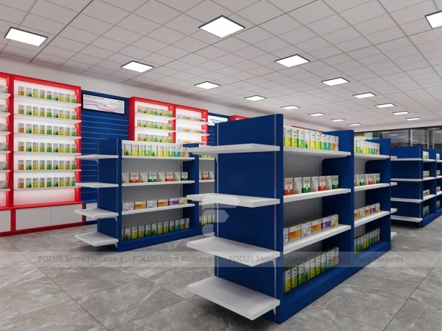Red Blue Pharmacy Counter and Gondola Shelving Layout