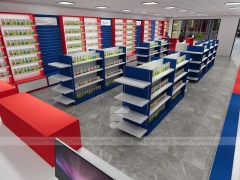 Red Blue Pharmacy Counter and Gondola Shelving Layout