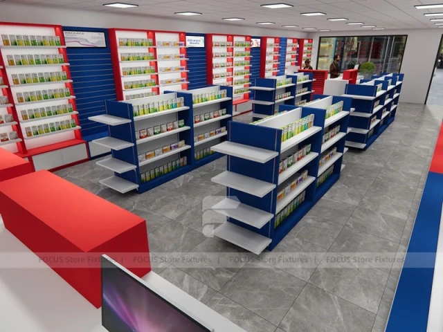 Red Blue Pharmacy Counter and Gondola Shelving Layout