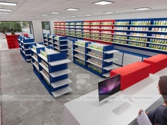 Red Blue Pharmacy Counter and Gondola Shelving Layout