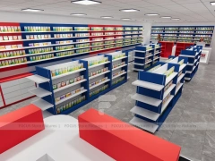 Red Blue Pharmacy Counter and Gondola Shelving Layout