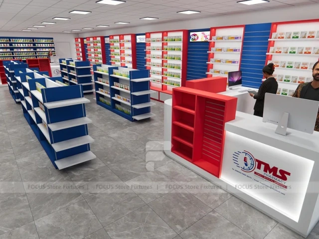 Red Blue Pharmacy Counter and Gondola Shelving Layout