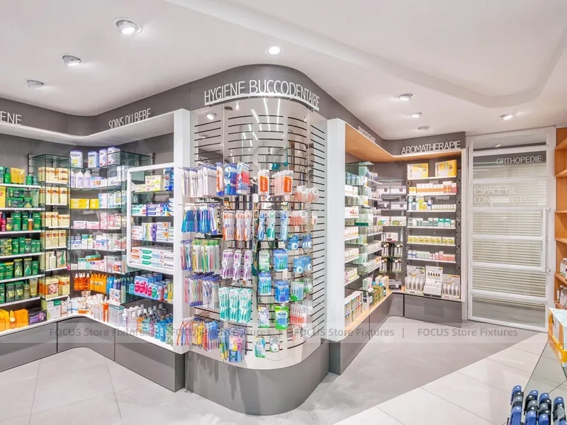 Rounded Corner Pharmacy Wall Shelving Interior