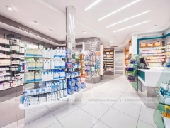 Rounded Corner Pharmacy Wall Shelving Interior