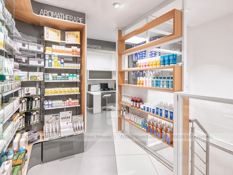 Rounded Corner Pharmacy Wall Shelving Interior