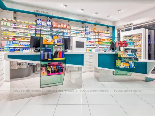 Rounded Corner Pharmacy Wall Shelving Interior