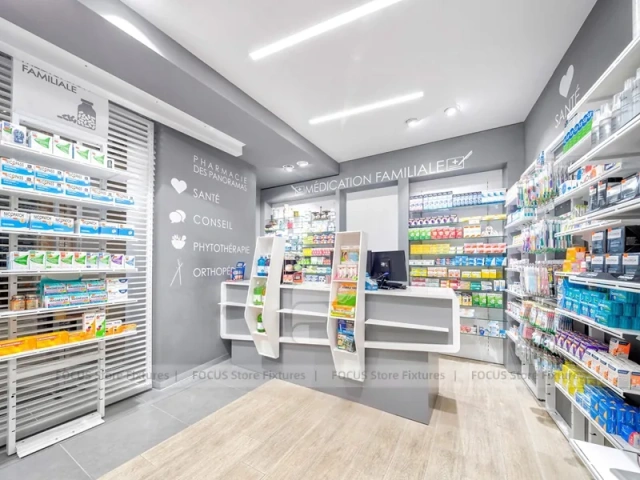 Rounded Corner Pharmacy Wall Shelving Interior