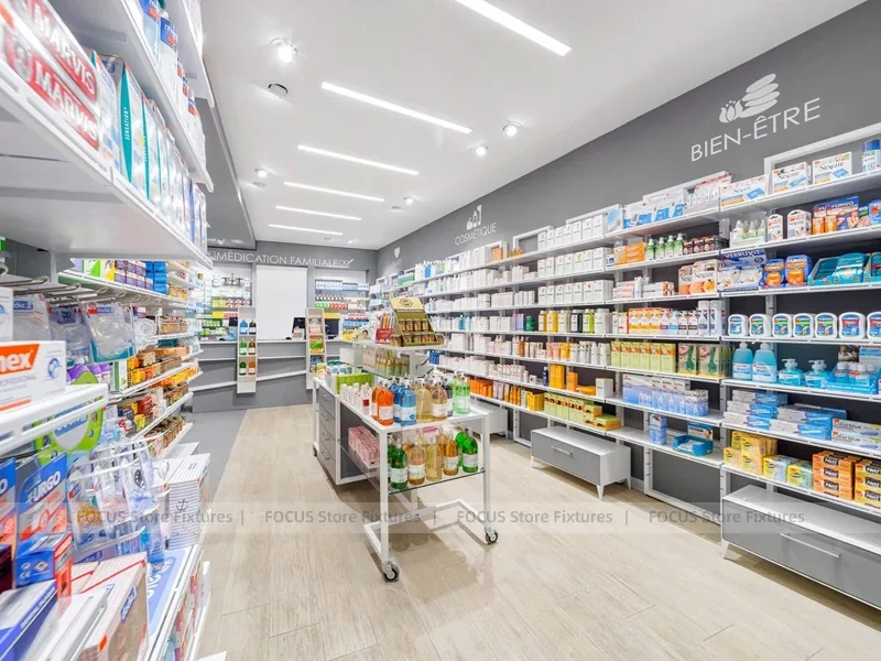 Rounded Corner Pharmacy Wall Shelving Interior