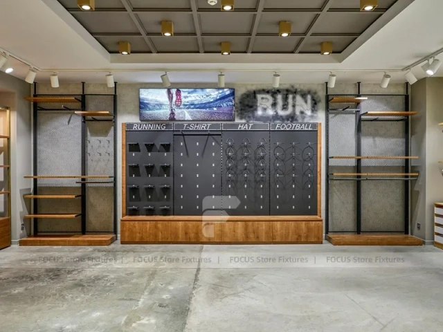 Running Store Wall Shelving and Bench Display