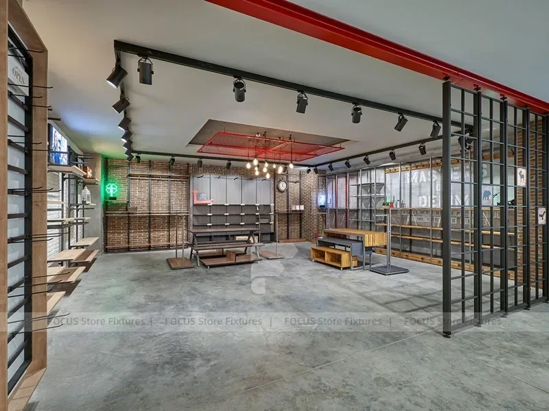 Running Store Wall Shelving and Bench Display