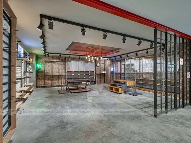 Running Store Wall Shelving and Bench Display