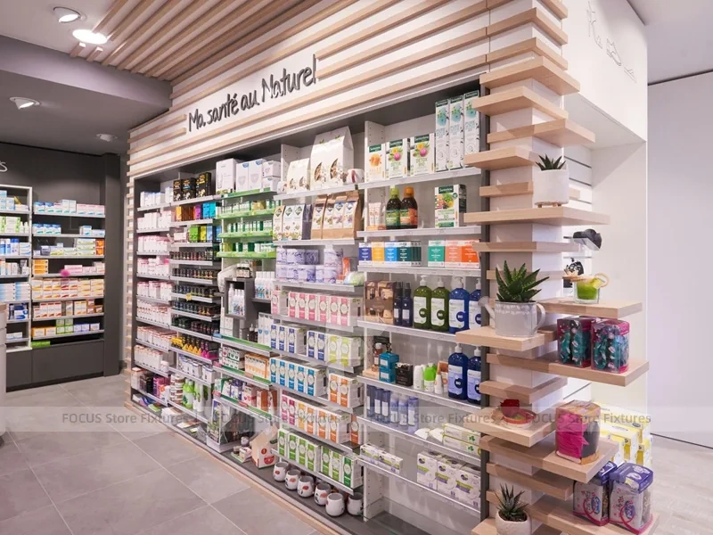Soft Gray Pharmacy Counter with Wood Slat Wall Display