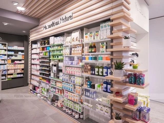 Soft Gray Pharmacy Counter with Wood Slat Wall Display