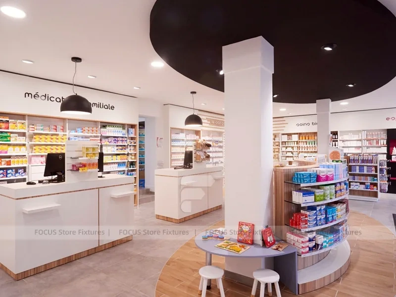 Soft Gray Pharmacy Counter with Wood Slat Wall Display
