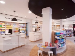 Soft Gray Pharmacy Counter with Wood Slat Wall Display