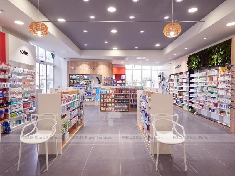 Soft Gray Pharmacy Counter with Wood Slat Wall Display