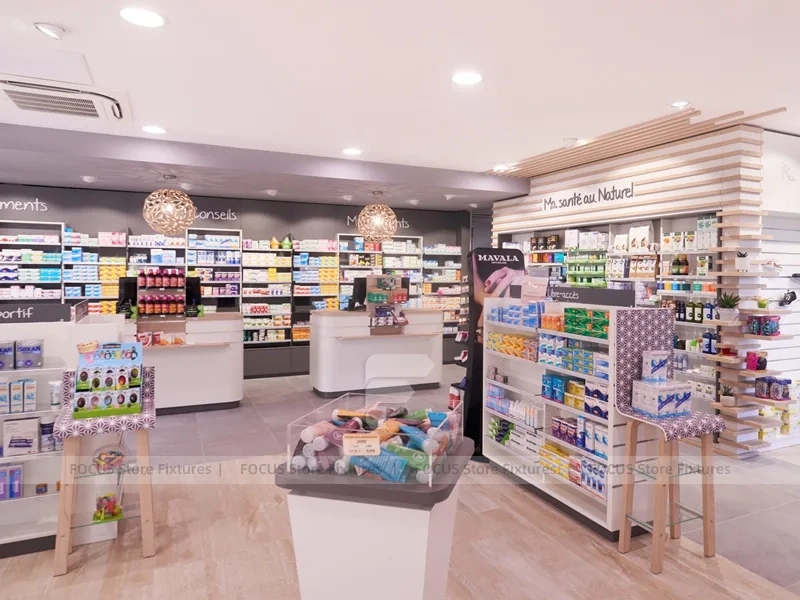 Soft Gray Pharmacy Counter with Wood Slat Wall Display