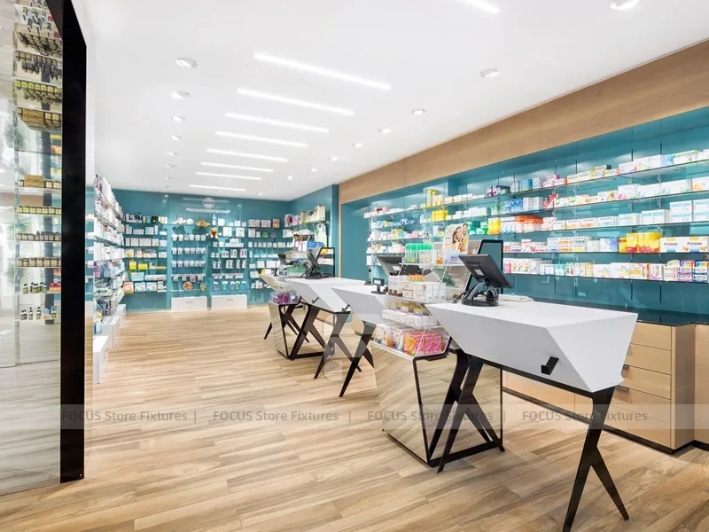 Teal Backwall Pharmacy Display and Consultation Desk