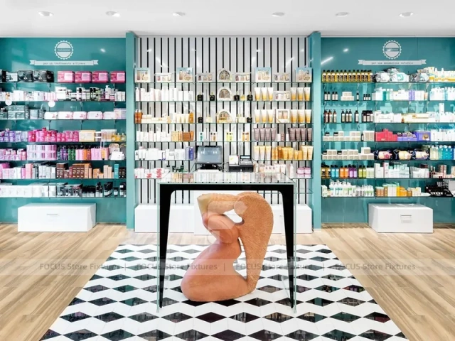 Teal Backwall Pharmacy Display and Consultation Desk