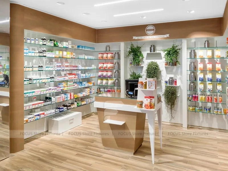 Teal Backwall Pharmacy Display and Consultation Desk