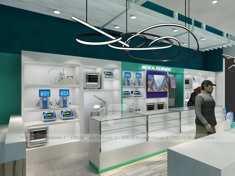Teal Ceiling Pharmacy Counter and Linear Shelving Layout