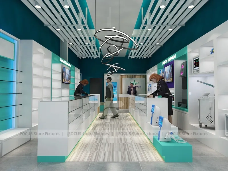 Teal Ceiling Pharmacy Counter and Linear Shelving Layout