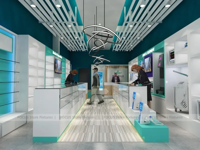 Teal Ceiling Pharmacy Counter and Linear Shelving Layout