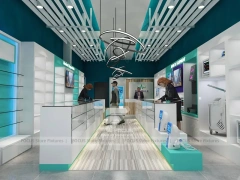 Teal Ceiling Pharmacy Counter and Linear Shelving Layout
