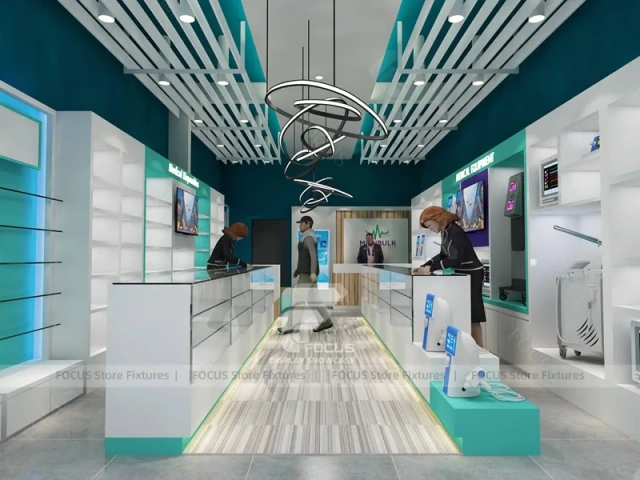 Teal Ceiling Pharmacy Counter and Linear Shelving Layout