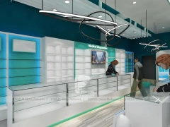 Teal Ceiling Pharmacy Counter and Linear Shelving Layout