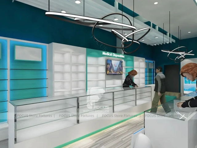 Teal Ceiling Pharmacy Counter and Linear Shelving Layout