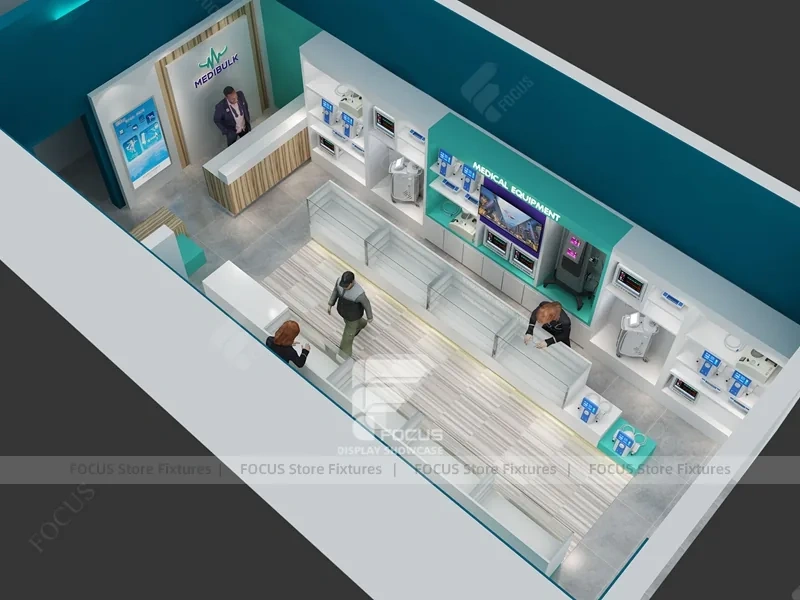Teal Ceiling Pharmacy Counter and Linear Shelving Layout