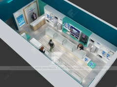 Teal Ceiling Pharmacy Counter and Linear Shelving Layout