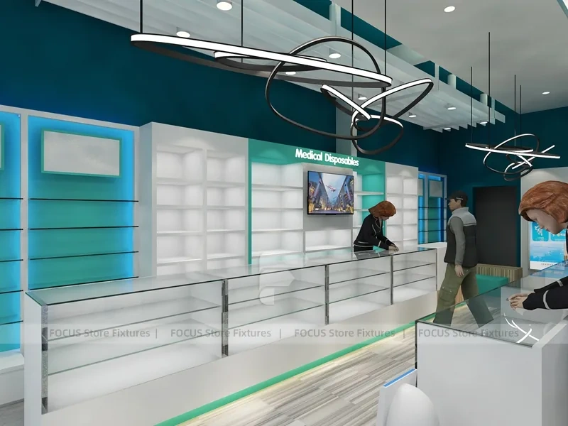 Teal Ceiling Pharmacy Counter and Linear Shelving Layout