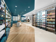 Teal Ceiling Pharmacy Wall Shelving Store Layout