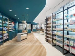 Teal Ceiling Pharmacy Wall Shelving Store Layout