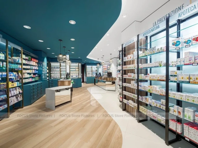 Teal Ceiling Pharmacy Wall Shelving Store Layout