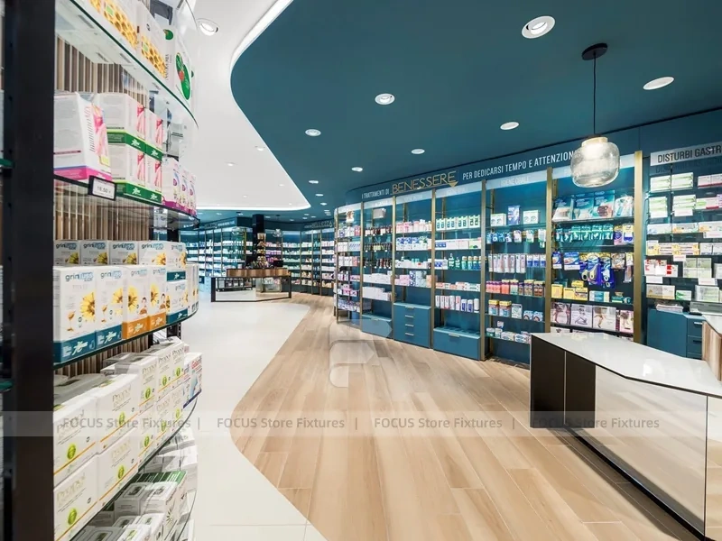 Teal Ceiling Pharmacy Wall Shelving Store Layout